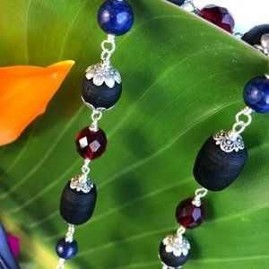 34  1/4" black Tulasi w Lapis Lazuli (gem for Saturn) & red crystal glass beads